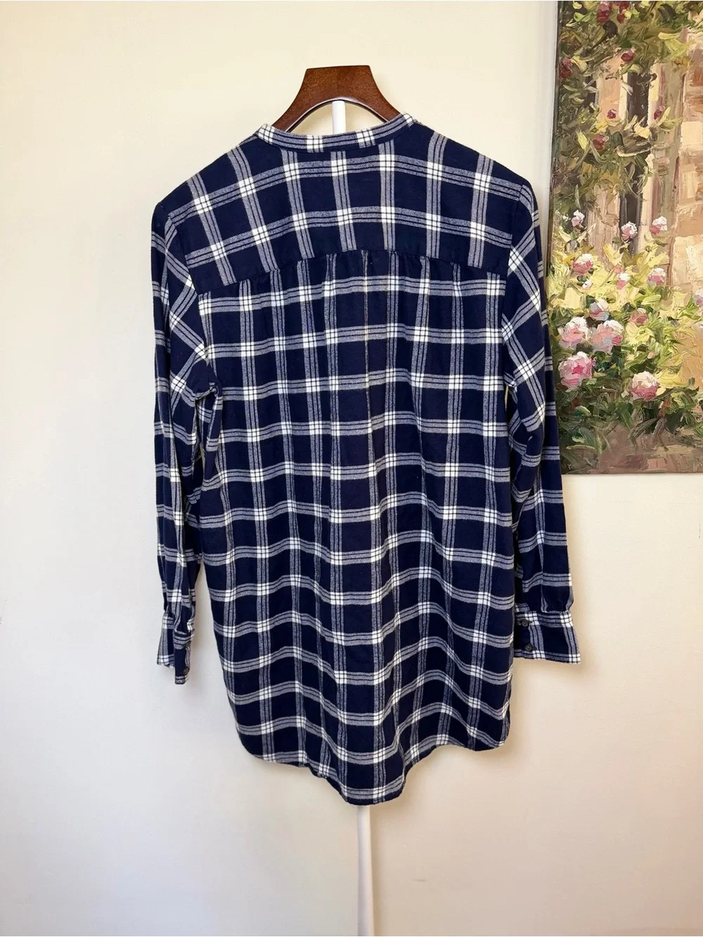 Lands’ End Navy White Plaid Flannel A-Line Tunic Shirt Medium Oversized